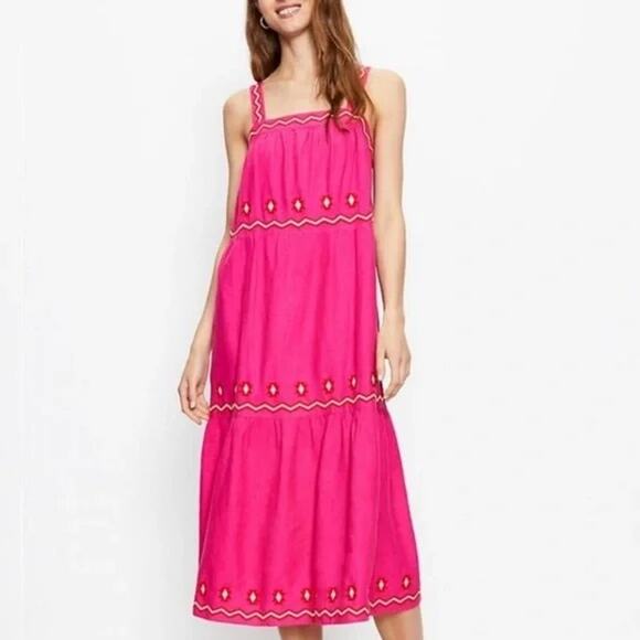 Loft Pink Linen Blend Embroidered Tiered  Maxi Dress Size Small Petite - Picture 1 of 16